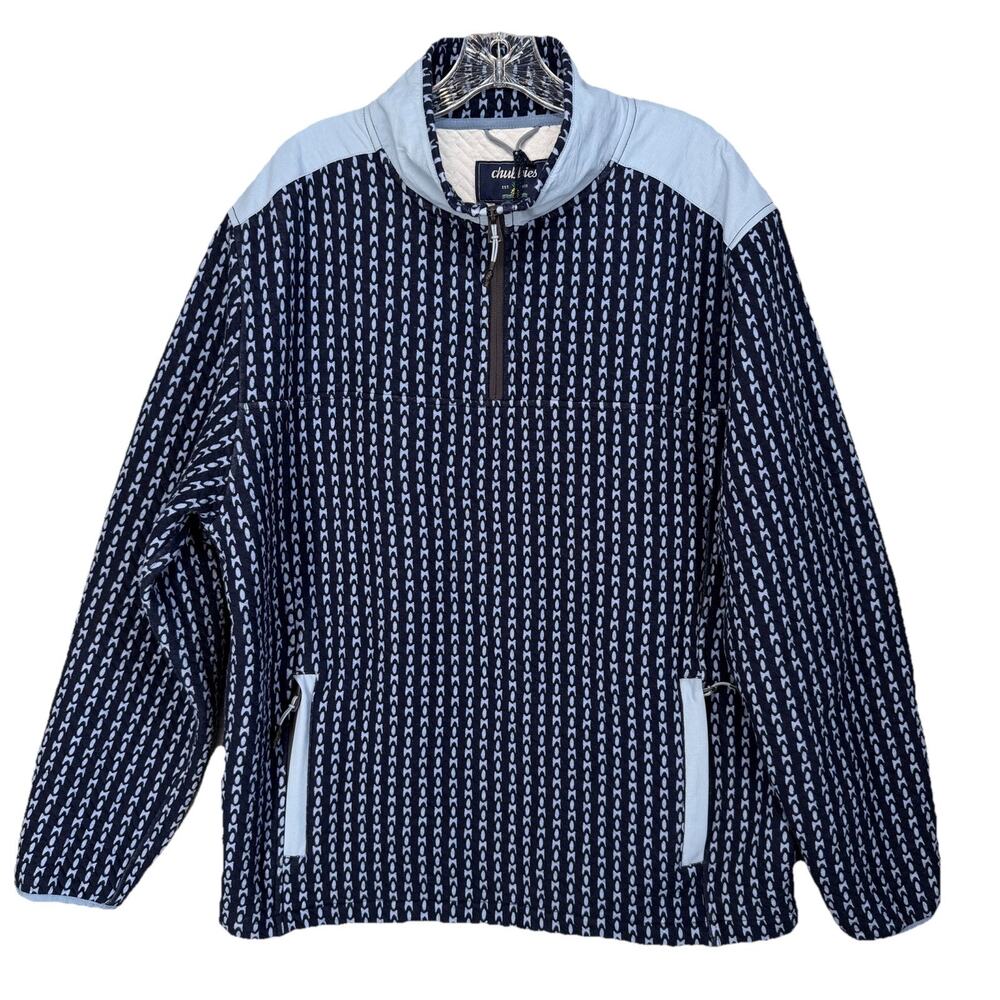 Chubbies Pullover Sweater Mens XL Blue Quilted Geo Print 1/4 Zip Casual